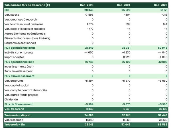 exemple de prévision de trésorerie dans un business plan de exploitation de macis