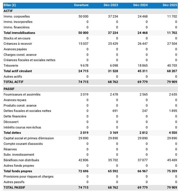 exemple de bilan prévisionnel dans un business plan de bureau de courtage en affrètement 