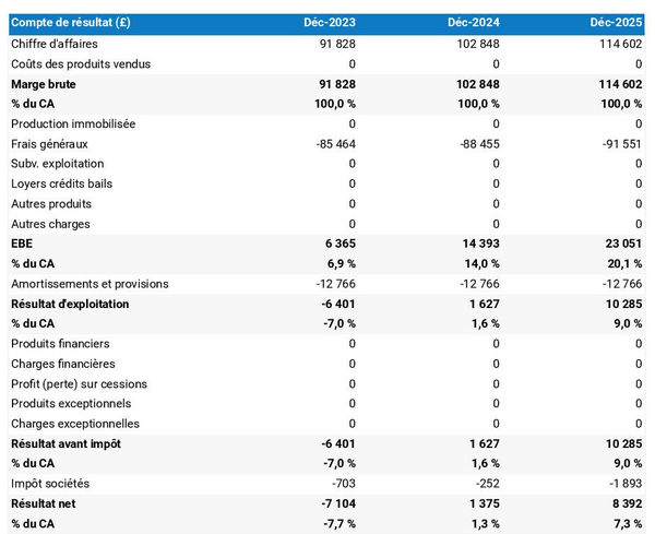 exemple de compte de résultat dans un business plan de bureau de courtage en affrètement