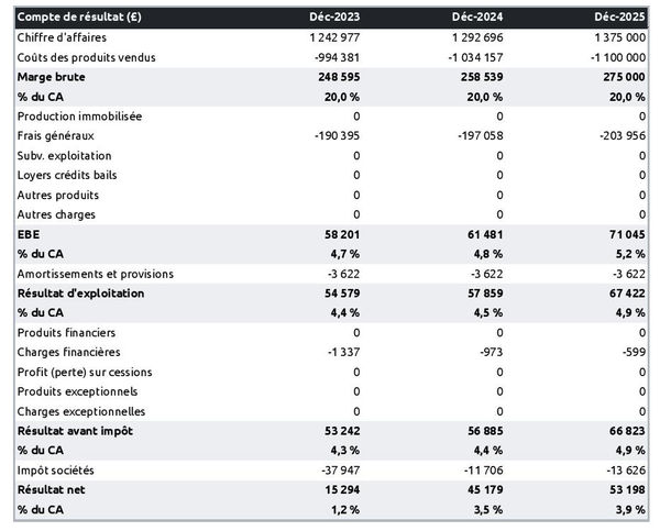 exemple de compte de résultat dans un business plan de grossiste en viande et produits carnés