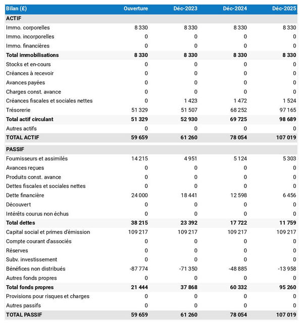 business plan d'entreprise de production d'opéra : exemple de bilan prévisionnel