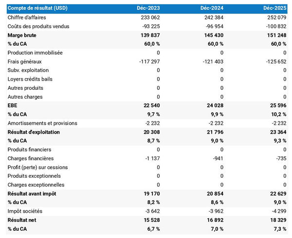 exemple de compte de résultat dans un business plan d'entreprise de nettoyage de véhicules