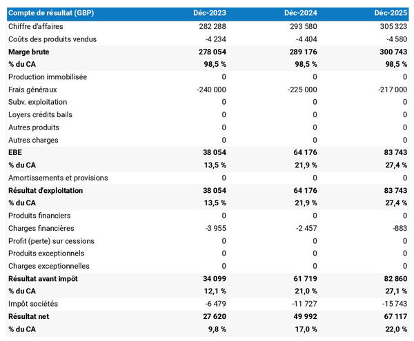 exemple de compte de résultat dans un business plan d'organisme de sondage