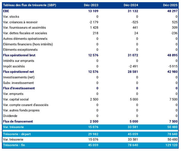exemple de prévision de trésorerie dans un business plan de cabinet de développement organisationnel