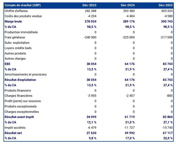 business plan d'agence de marketing d'influence : exemple de compte de résultat prévisionnel