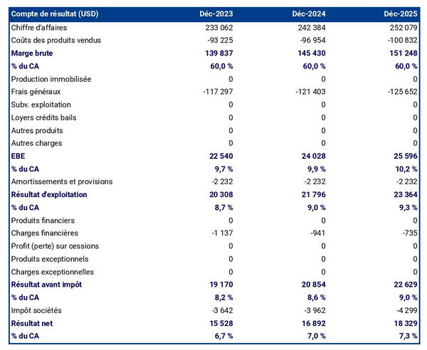 exemple de compte de résultat prévisionnel dans un business plan entreprise de balayage de rue