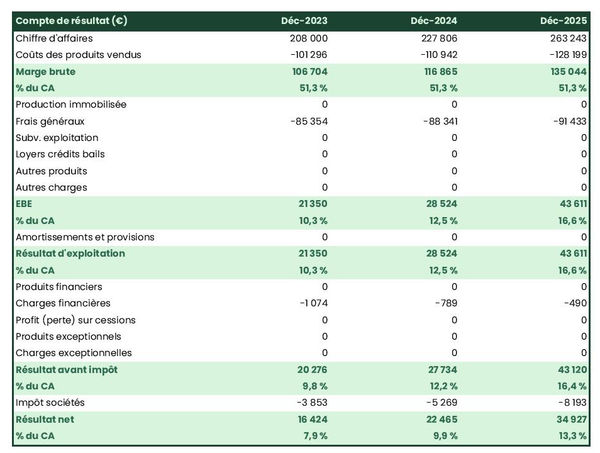 exemple de compte de résultat prévisionnel dans un business plan entreprise de production théâtrale