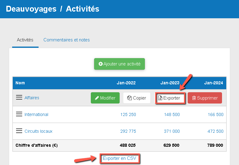export d'une seule provision ou du tableau complet sur ordinateur
