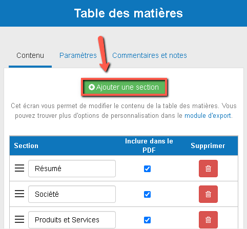ajouter une nouvelle section à mon plan d'affaires