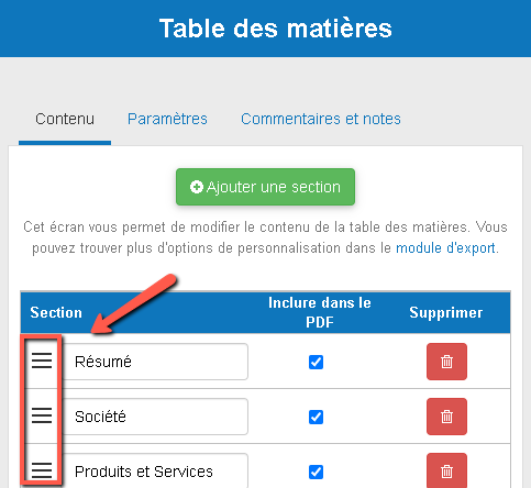 utiliser le glisser-déposer pour réorganiser les sections dans la table des matières