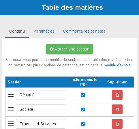 le module d'édition du plan d'affaires montrant la table des matières