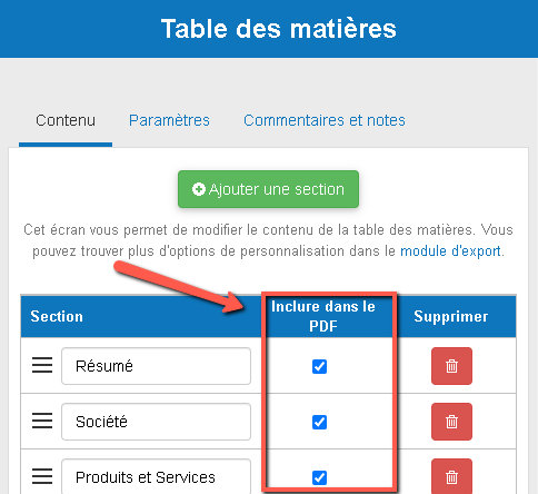 exclure une section de mon plan d'affaires dans le business plan shop