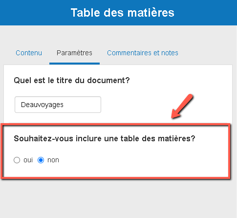 choisir d'exclure la table des matières de mon plan d'affaires exporté