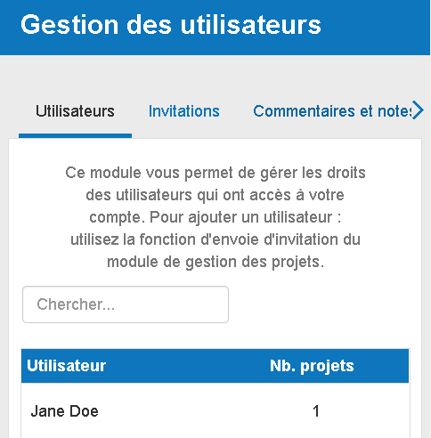 les utilisateurs invités sur mon compte et le nombre de projets auxquels ils ont accès