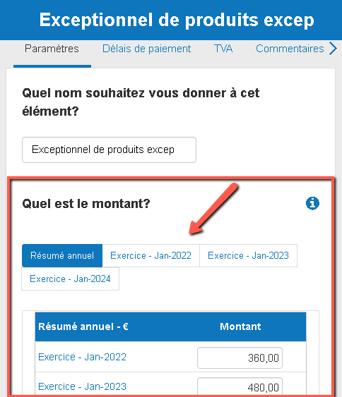 saisie des données annuelles pour le montant du produit exceptionnel dans The Business Plan Shop