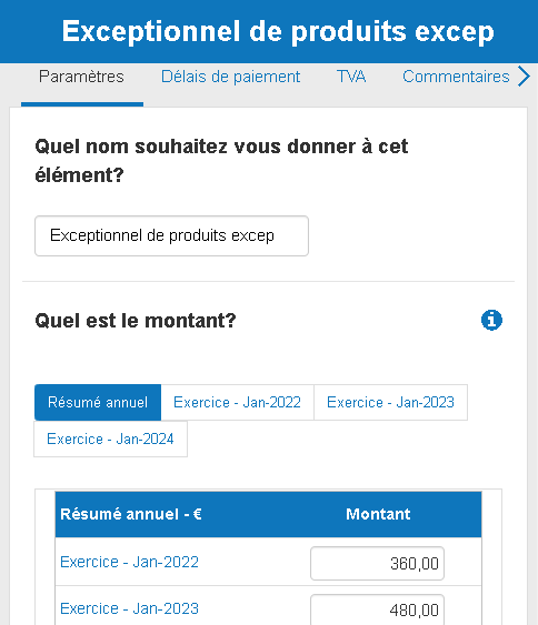 saisie des produits exceptionnels dans le logiciel de prévision financière The Business Plan Shop