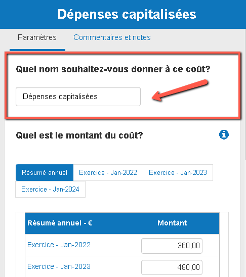 la saisie du nom d'une ligne de production immobilisée dans The Business Plan Shop