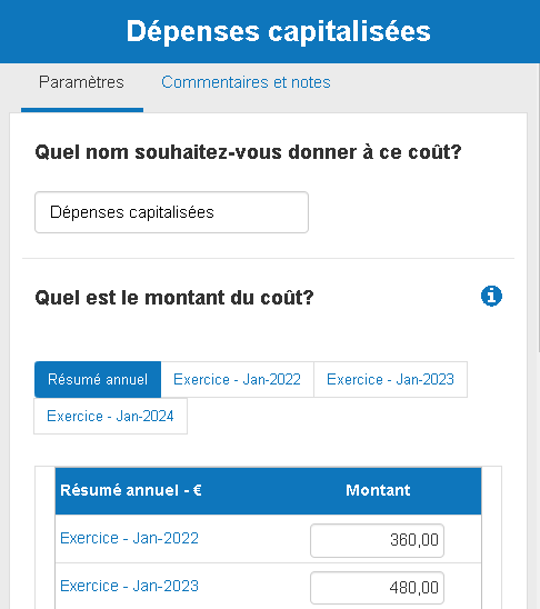 saisie de la production immobilisée dans The Business Plan Shop