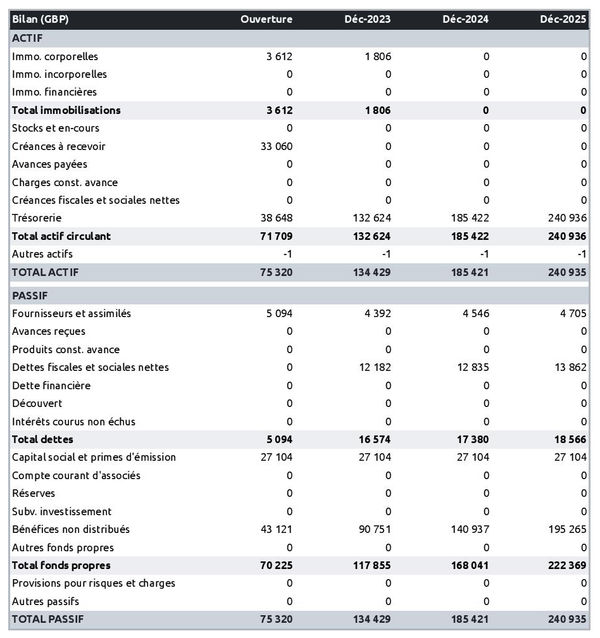 business plan d'entreprise de courtage de brevets : exemple de bilan prévisionnel