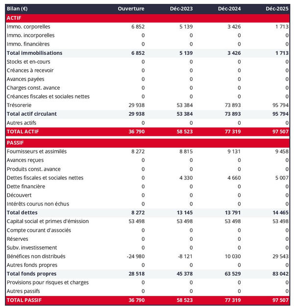 business plan d'entreprise de conseil en image : exemple de bilan prévisionnel