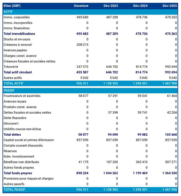exemple de bilan prévisionnel dans un business plan d'entreprise de transport maritime de fret