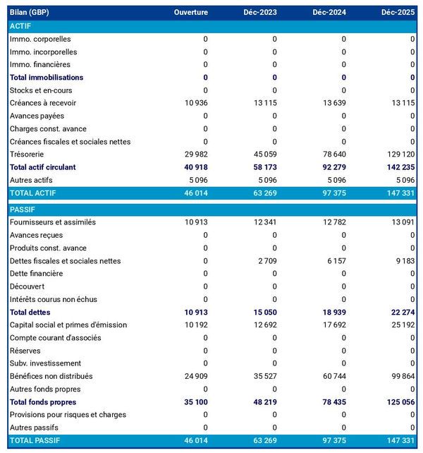 exemple de bilan prévisionnel dans un business plan d'agence de recouvrement