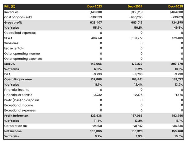 forecasted profit and loss statement in a cake manufacturer business plan