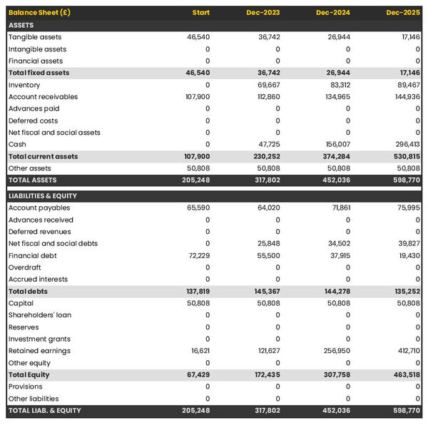 projected balance sheet in a cake manufacturer business plan example