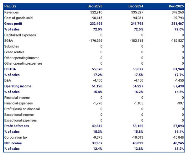 example of projected profit and loss statement in a leather goods wholesaler business plan