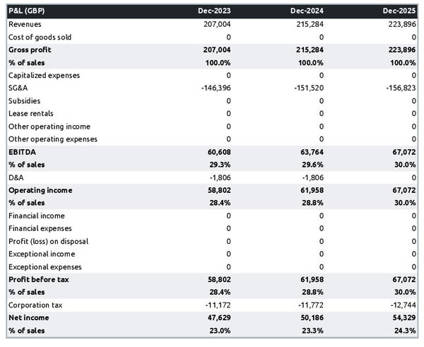 example of projected profit and loss statement in a criminal law firm business plan