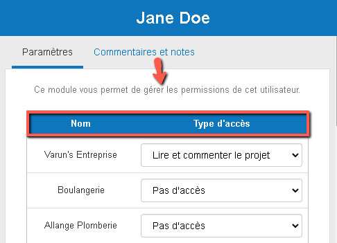 modifier le niveau d'autorisation des utilisateurs pour un projet spécifique