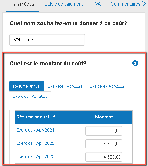 saisie des données annuelles pour le montant du coût fixe du loyer pour trois années distinctes