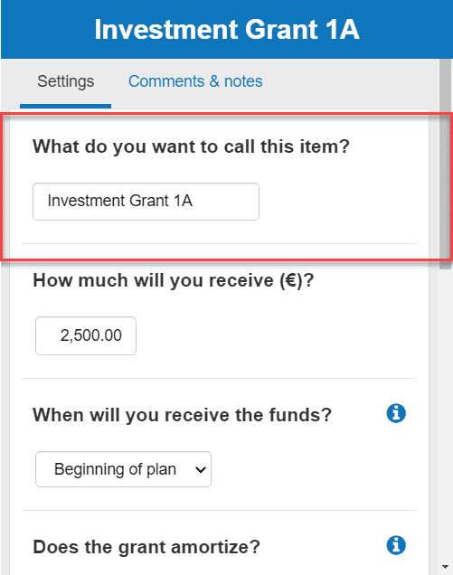  entering investment grant as the grant name into the business plan software