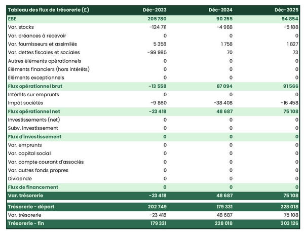 exemple de prévision de trésorerie dans un business plan de producteur d'huiles et graisses animales