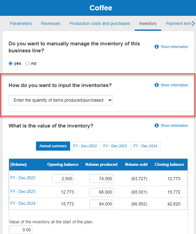  entering the quantity of items produced/purchased to model inventory
