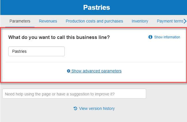  entering pastries as my business line in the business plan shop's financial forecasting software