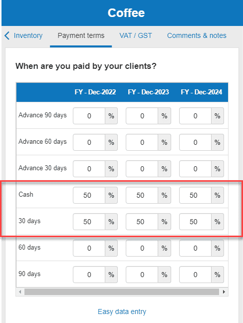 entering the payment terms that I have agreed with my clients