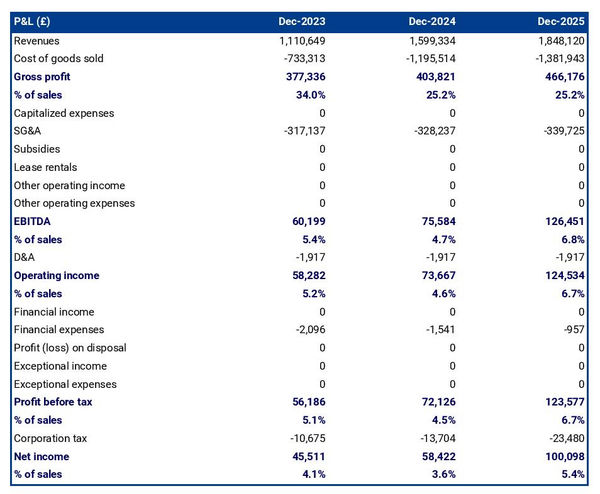 forecasted profit and loss statement in a property development company business plan