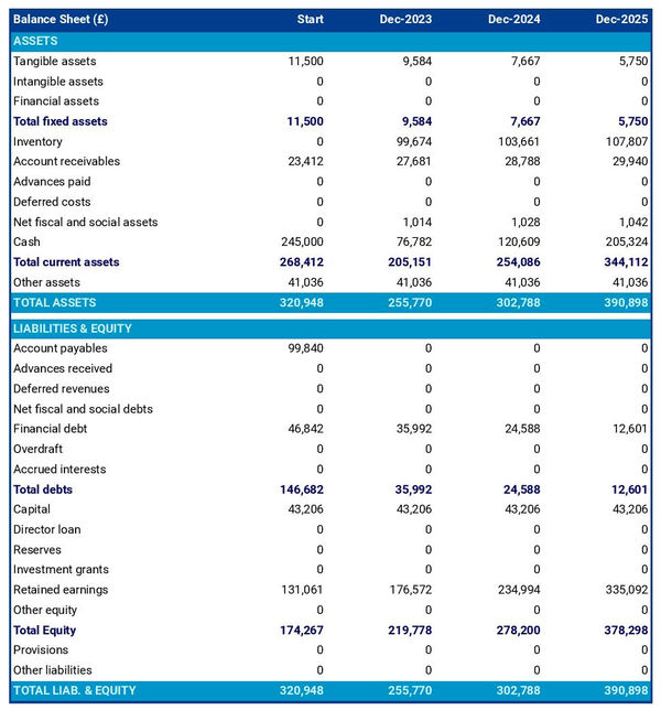 example of forecasted balance sheet in a property development company business plan
