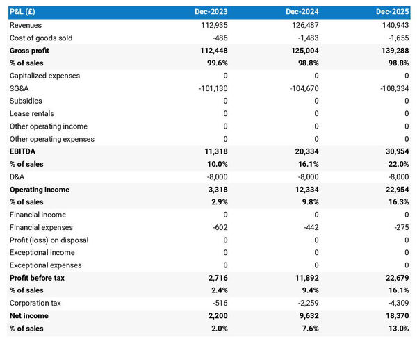 example of projected profit and loss statement in a architecture company business plan