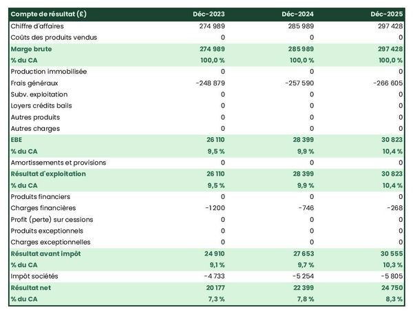 exemple de compte de résultat prévisionnel dans un business plan bureau de courtage en matériaux
