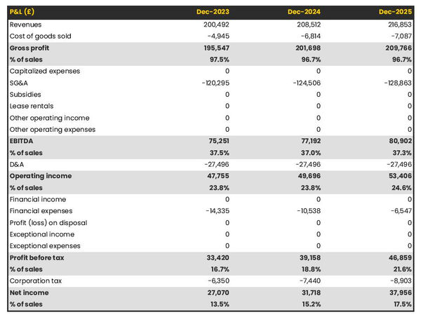 projected profit and loss statement example in a information retrieval firm business plan