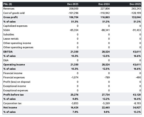 example of projected profit and loss statement in a stage-shifting and rigging company business plan