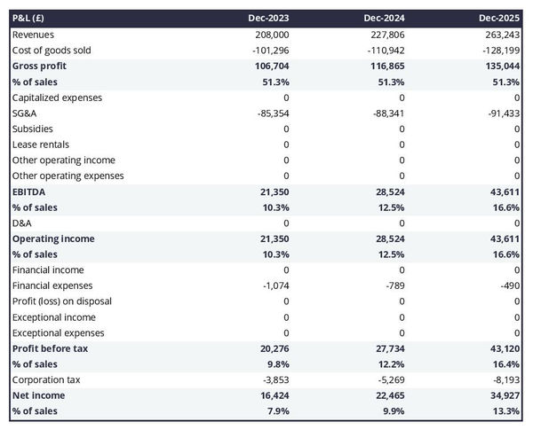 projected profit and loss statement example in a sound engineering and design firm business plan