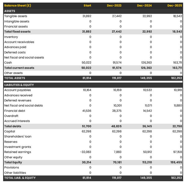 example of projected balance sheet in a sports and leisure goods wholesaler business plan