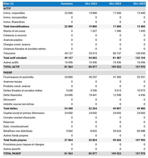 exemple de bilan prévisionnel dans un business plan de fabricant de matelas