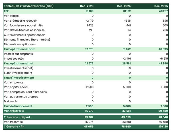 exemple de prévision de trésorerie dans un business plan de cabinet d'amélioration des processus