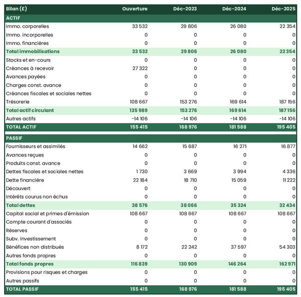 business plan d'entreprise de location de matériel audiovisuel : exemple de bilan prévisionnel