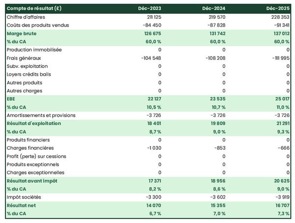 business plan d'entreprise de location de matériel audiovisuel : exemple de compte de résultat prévisionnel
