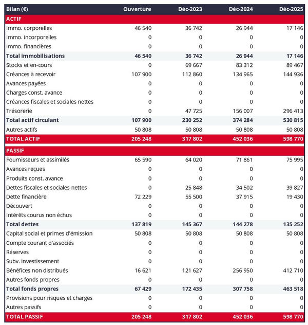 business plan de fabricant de produits à base de pomme de terre : exemple de bilan prévisionnel